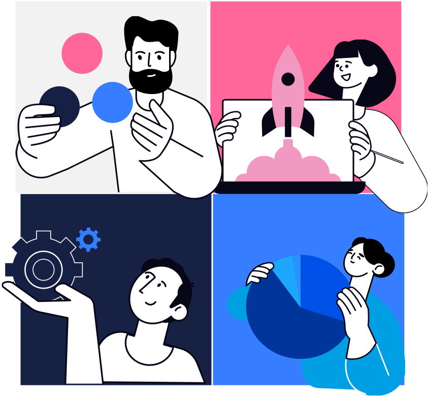 Atcore illustration: four people with brand shapes, a rocket, a gear and a chart